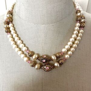 1928 faux pearl gold tone pink rhinestone long necklace